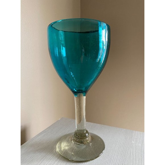 Heavy Aqua Luster Blue Glass Goblet Cup with Clear Luster Stem and Base Hand Blo - Picture 2 of 13